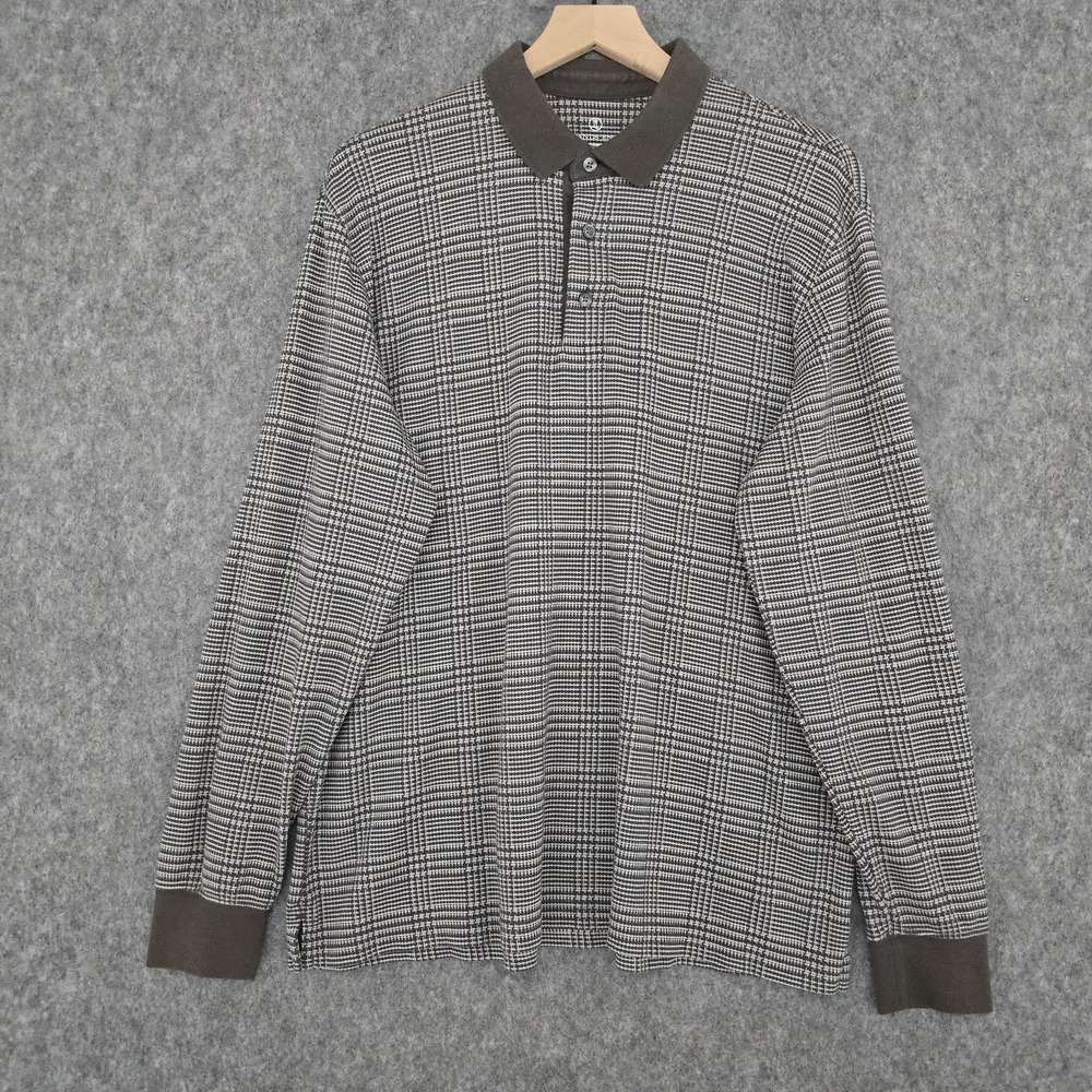 Lands' End Polo Shirt Mens L Gray Houndstooth Supima Cotton Long Sleeve Knit